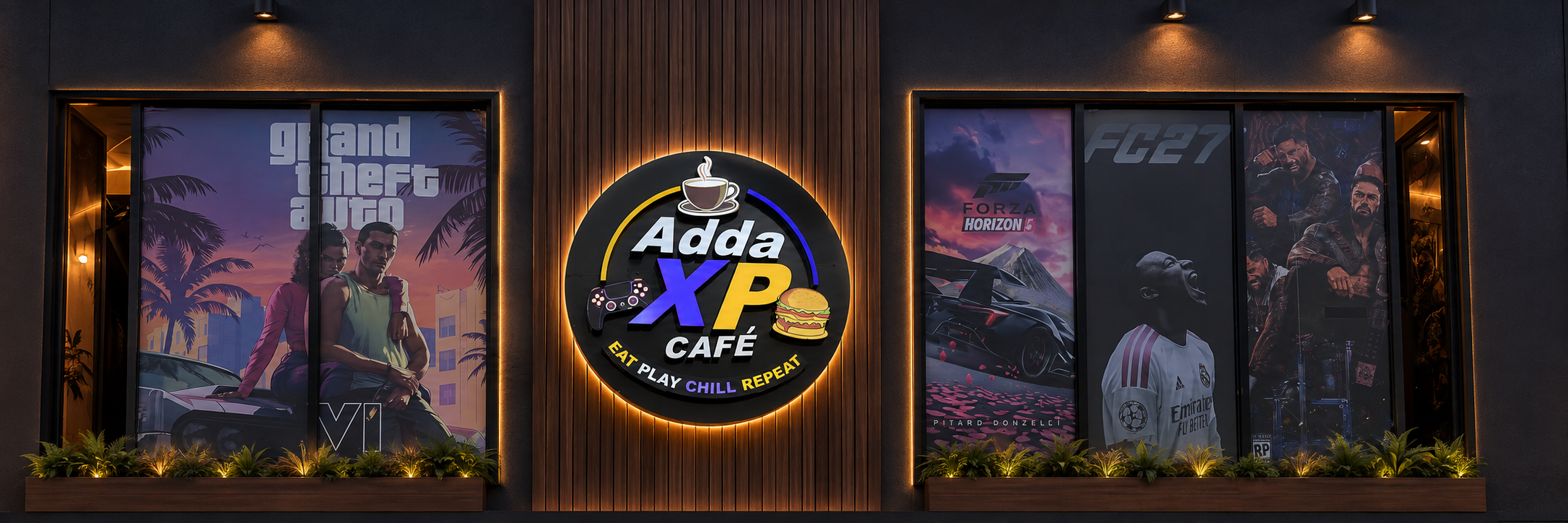 The current illuminated AddaXP Café frontage